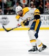 FILE - In this March 12, 2019, file photo, Nashville Predators' P.K. Subban hits the puck during the third period of an NHL hockey game against the Anaheim Ducks, in Anaheim, Calif. The trade talk is just heating up ahead of the draft Friday and Saturday in Vancouver. Nashville's P.K. Subban is among the high-profile players who could be on the move. (AP Photo/Jae C. Hong, File)