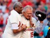 FILE - In this May 17, 2017, file photo, Bob Gibson, left, and Tim McCarver, members of the St. Louis Cardinals' 1967 World Series championship team, take part in a ceremony honoring the 50th anniversary of the victory, before a game between the Cardinals and the Boston Red Sox in St. Louis. Gibson is fighting pancreatic cancer. The St. Louis Post-Dispatch said the 83-year-old Hall of Famer was diagnosed with the cancer several weeks ago and revealed the news Saturday to the other living Hall of Famers. (AP Photo/Jeff Roberson, File)