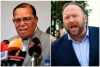 This combination of file photo shows minister Louis Farrakhan, the leader of the Nation of Islam, in Tehran, Iran, on Nov. 8, 2018, left, and conspiracy theorist Alex Jones in Washington on Sept. 5, 2018, right. Facebook has banned Louis Farrakhan, Alex Jones and others from its platform and from Instagram saying they violated its ban against hate and violence. The company said Thursday it has also banned extreme right-wing figures Paul Nehlen, Milo Yiannopoulos, Paul Joseph Watson, Laura Loomer and the conservative conspiracy site Infowars. Jones was already banned from Facebook but not from Instagram. (AP Photo)