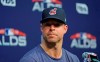 FILE - In this Oct. 4, 2018, file photo, Cleveland Indians starting pitcher Corey Kluber listens to a question during a baseball news conference in Houston. The Indians ace had the hard cast protecting his broken right arm removed and the two-time Cy Young winner is healing as hoped. Kluber underwent imaging texts Thursday, May 23, 2019, which showed that his ulna is mending. (AP Photo/David J. Phillip, File)
