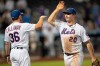 New York Mets' Pete Alonso (20) and Mickey Callaway (36) celebrate the team's 5-0 win over the Miami Marlins in a baseball game Tuesday, Aug. 6, 2019, in New York. (AP Photo/Mary Altaffer)