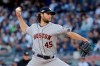Houston Astros starting pitcher Gerrit Cole (45) delivers against the New York Yankees during the first inning of Game 3 of baseball's American League Championship Series, Tuesday, Oct. 15, 2019, in New York. (AP Photo/Frank Franklin II)