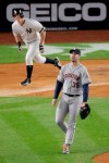 Houston Astros starting pitcher Justin Verlander (35) watches as a solo home run by New York Yankees' DJ LeMahieu sails over the right field wall during the first inning of Game 5 of baseball's American League Championship Series, Friday, Oct. 18, 2019, in New York. (AP Photo/Seth Wenig)
