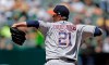 Houston Astros pitcher Zack Greinke works against the Oakland Athletics in the first inning of a baseball game Sunday, Aug. 18, 2019, in Oakland, Calif. (AP Photo/Ben Margot)