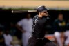 San Francisco Giants' Kevin Pillar watches his two-run double off Oakland Athletics' Lou Trivino during the eighth inning of a baseball game Saturday, Aug. 24, 2019, in Oakland, Calif. (AP Photo/Ben Margot)