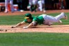 Oakland Athletics Nick Hundley slides in for a solo home run on a throwing error by the Cleveland Indians in the fifth inning of a baseball game Saturday, May 11, 2019, in Oakland, Calif. (AP Photo/John Hefti)