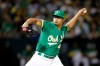 Oakland Athletics pitcher Jesus Luzardo throws to a Tampa Bay Rays batter during the sixth inning of an American League wild-card baseball game in Oakland, Calif., Wednesday, Oct. 2, 2019. (AP Photo/Ben Margot)
