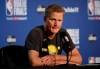 Golden State Warriors head coach Steve Kerr speaks at a news conference after Game 3 of basketball's NBA Finals between the Warriors and the Toronto Raptors in Oakland, Calif., Wednesday, June 5, 2019. (AP Photo/Ben Margot)