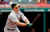 Oakland Athletics' Nick Hundley watches his ball after hitting a one-run double off Cleveland Indians relief pitcher Tyler Clippard in the seventh inning of a baseball game, Wednesday, May 22, 2019, in Cleveland. Ramon Laureano scored on the play. (AP Photo/Tony Dejak)