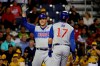 Chicago Cubs' Anthony Rizzo, left, celebrates with Kris Bryant (17) after hitting a two-run home run off Pittsburgh Pirates relief pitcher Chris Stratton during the fifth inning of the Little League Classic baseball game at Bowman Stadium in Williamsport, Pa., Sunday, Aug. 18, 2019. (AP Photo/Tom E. Puskar)