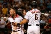 Arizona Diamondbacks' Christian Walker (53) and David Peralta (6) celebrate their runs scored against the Los Angeles Dodgers during the eighth inning of a baseball game, Monday, June 24, 2019, in Phoenix. (AP Photo/Ross D. Franklin)