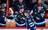 Patrik Laine celebrates the Jets' second goal against the Florida Panthers Friday. (Martti Kainulainen / Lehtikuva)