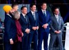 Host Patrice Roy from Radio-Canada, centre, introduces Federal party leaders, left to right, NDP leader Jagmeet Singh, Green Party leader Elizabeth May, People's Party of Canada leader Maxime Bernier, Liberal leader Justin Trudeau, Conservative leader Andrew Scheer, and Bloc Quebecois leader Yves-Francois Blanchet before the Federal leaders French language debate in Gatineau, Que. on Thursday, October 10, 2019. THE CANADIAN PRESS/Adrian Wyld