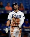 Tampa Bay Rays' Kevin Kiermaier reacts as his long fly ball goes foul against Toronto Blue Jays starting pitcher Trent Thornton during the third inning of a baseball game Wednesday, May 29, 2019, in St. Petersburg, Fla. (AP Photo/Chris O'Meara)