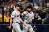 Houston Astros starting pitcher Justin Verlander, left, walks off the field with catcher Robinson Chirinos during the third inning of Game 4 of a baseball American League Division Series against the Tampa Bay Rays, Tuesday, Oct. 8, 2019, in St. Petersburg, Fla. (AP Photo/Scott Audette)