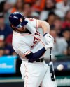 Houston Astros' Jake Marisnick grounds into a triple play during the third inning of the team's baseball game against the Chicago White Sox on Wednesday, May 22, 2019, in Houston. (AP Photo/David J. Phillip)
