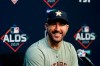 Houston Astros starting pitcher Justin Verlander takes part in a news conference, Thursday, Oct. 3, 2019, in Houston. The Astros will host the Tampa Bay Rays in the first game of an American League Division Series on Friday. (AP Photo/Eric Gay)