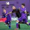 DARREN STONE / TIMES COLONIST
Pacific FC Noah Verhoven, left, and Emile Legault surround Valour FC Stephen Hoyle in CPL action at Westhills Stadium in Victoria, B.C., Wednesday.