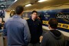 Milwaukee Brewers' Christian Yelich, center, talks with general manager David Stearns, left, and owner Mark Attanasio, right, before a baseball game against the Pittsburgh Pirates, Sunday, Sept. 22, 2019, in Milwaukee. (AP Photo/Aaron Gash)