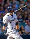 Milwaukee Brewers' Christian Yelich reacts to his fly-out during the seventh inning of a baseball game against the Philadelphia Phillies, Saturday, May 25, 2019, in Milwaukee. (AP Photo/Jeffrey Phelps)