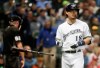 CORRECTS TO FOURTH INNING, INSTEAD OF FIFTH - Milwaukee Brewers' Keston Hiura reacts after striking out during the fourth inning of a baseball game against the Cincinnati Reds Tuesday, May 21, 2019, in Milwaukee. (AP Photo/Morry Gash)