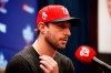 Washington Nationals starting pitcher Max Scherzer speaks during a news conference before Game 5 of the baseball World Series against the Houston Astros Sunday, Oct. 27, 2019, in Washington. Scherzer was slated to start Sunday's World Series game, has been scratched with spasms in his neck and right trapezius.(AP Photo/Alex Brandon)