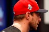 Washington Nationals starting pitcher Max Scherzer speaks during a news conference before Game 5 of the baseball World Series against the Houston Astros Sunday, Oct. 27, 2019, in Washington. Scherzer was slated to start Sunday's World Series game, has been scratched with spasms in his neck and right trapezius. (AP Photo/Alex Brandon)