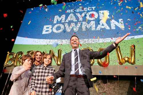 CP
Mayor Brian Bowman and his wife Tracy and sons Austin, left, and Hayden celebrate a win in Winnipeg's election Wednesday, October 24, 2018. Bowman will serve another four years as Winnipeg mayor. THE CANADIAN PRESS/John Woods