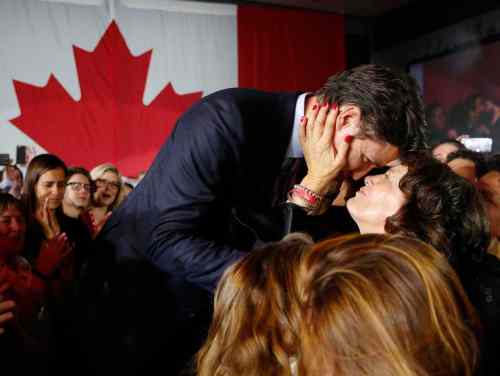 Jim Young / REUTERS
Liberal leader Justin Trudeau is embraced by his mother Margaret Trudeau (right) as he arrives to give his victory speech after Canada's federal election in Montreal.