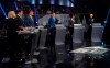 Green Party leader Elizabeth May, left, responds to a question as Liberal leader Justin Trudeau, left to right, Conservative leader Andrew Scheer, People's Party of Canada leader Maxime Bernier, Bloc Quebecois leader Yves-Francois Blanchet and NDP leader Jagmeet Singh look on during the Federal leaders debate in Gatineau, Que. on Monday, October 7, 2019. THE CANADIAN PRESS/Sean Kilpatrick