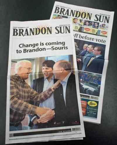winnipeg free press
A full 4-page section purchased by the Liberals is wrapped around the Sun’s Friday edition in advance of the federal byelection in Brandon-Souris on Monday.