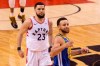 Golden State Warriors Stephen Curry (right) celebrates in front of Toronto Raptors Fred VanVleet at the final buzzer as Warriors beat the Raptors 106-105 in game five of the NBA Finals in Toronto on Monday, June 10, 2019. THE CANADIAN PRESS/Chris Young