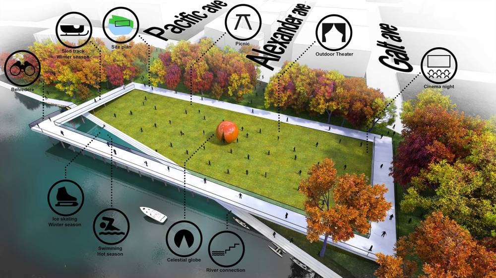 First place: Alexander's Garden by Cornoiu Sabin. The idea of the project started from the regeneration of the dock by creating a gateway for access to cultural activities through all the seasons of the year. (Supplied)