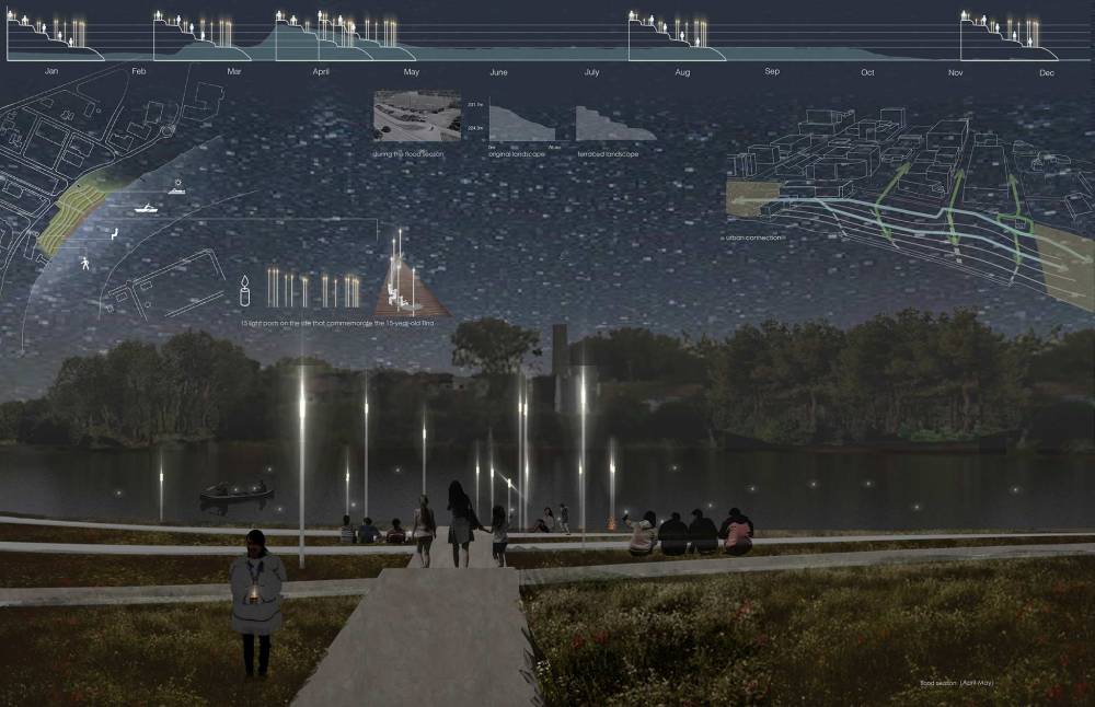 Second Place: Yuhan Wang's Light Posts is designed to create a resilient terraced landscape system that reacts to different water levels and 15 light posts to comm commemorate Tina Fontaine, who was 15 when she was killed. (Supplied)