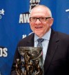 (AP Photo/John Locher)
Pittsburgh Penguins general manager Jim Rutherford holds the General Manager of the Year trophy after winning the award at the NHL Awards show, Wednesday, June 22, 2016, in Las Vegas.