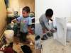 JOE BRYKSA / WINNIPEG FREE PRESS
At left, Lucas Rae plays with the treated water in his home on the St.Theresa Point First Nation last year, when  the family was getting by with just a few buckets of fresh water a day.  At right, Lucas turns the taps in his new bathroom under construction.