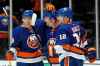 MICHAEL OWENS / THE ASSOCIATED PRESS
New York Islanders center Brock Nelson, middle, celebrates with left wing Michael Dal Colle, left, and right wing Josh Bailey (12) after scoring a goal against the Winnipeg Jets during the second period of an NHL hockey gam  Sunday, Oct. 6, 2019, in Uniondale, N.Y.