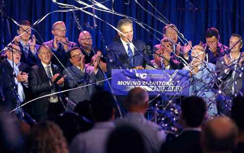 JASON HALSTEAD / WINNIPEG FREE PRESS  
Manitoba Premier Brian Pallister, the Progressive Conservative candidate for Fort Whyte, celebrates his victory at the Progressive Conservative Party's election night headquarters at Canad Inns Polo Park.
