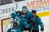 CP
San Jose Sharks goaltender Adin Hill, middle, is congratulated by Mario Ferraro, left, and Andrew Cogliano (11) after the Sharks defeated the Winnipeg Jets 4-3 in an NHL hockey game in San Jose, Calif., Saturday, Oct. 16, 2021. (Jeff Chiu / The Associated Press)