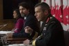 Public Services and Procurement Minister Anita Anand and Prime Minister Justin Trudeau listen to Major General Dany Fortin respond to a question during a news conference in Ottawa, Monday, Dec. 7, 2020. THE CANADIAN PRESS/Adrian Wyld