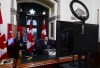 Prime Minister Justin Trudeau is joined virtually by Minister of Finance Chrystia Freeland as they talk online to a group of front-line pharmacists from across the country to discuss the ongoing vaccination efforts in the fight against COVID‑19, from the Prime Ministers office on Parliament Hill in Ottawa on Tuesday, April 20, 2021. THE CANADIAN PRESS/Sean Kilpatrick