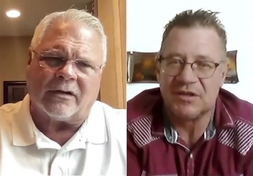 This combination of photos taken from a video conference meeting shows county sheriff Brian Roy of Benton, of Kentucky, left, and Brian Webb, of Sheridan, Wyo. as they discuss various political views. They were participants in an effort backed by the media company Gannett to get people with opposing political views to talk with each other, part of a “National Week of Conversation” sponsored by democracy-oriented groups that is ending this weekend. (Gannett via AP)