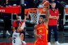 Spain's Willy Hernangomez (14) dunks against United States' Zachary Lavine (5) during the second half of an exhibition basketball game in preparation for the Olympics, Sunday, July 18, 2021, in Las Vegas. (AP Photo/John Locher)