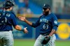 Seattle Mariners relief pitcher Diego Castillo (63) shakes hands with catcher Cal Raleigh after closing out the Tampa Bay Rays during a baseball game Tuesday, Aug. 3, 2021, in St. Petersburg, Fla. (AP Photo/Chris O'Meara)