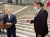 Alan Lagimodiere, left, Manitoba's minister for Indigenous reconciliation and northern relations, is confronted by Opposition NDP Leader Wab Kinew, right, shortly after being sworn into cabinet at the Manitoba legislature in Winnipeg, Thursday, July 15, 2021. Lagimodiere recently defended some of the intentions behind residential schools but now says they were part of a genocide. THE CANADIAN PRESS/Steve Lambert