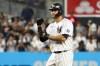 New York Yankees' Gary Sanchez reacts after hitting an an RBI double during the third inning of the team's baseball game against the Baltimore Orioles, Tuesday, Aug. 3, 2021, in New York. (AP Photo/Mary Altaffer)