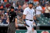 Detroit Tigers designated hitter Miguel Cabrera walks to the dugout after striking out against Cleveland Indians starting pitcher Zach Plesac in the first inning of a baseball game, Friday, Aug. 13, 2021, in Detroit. (AP Photo/Jose Juarez)
