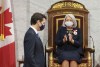 Governor General Mary Simon applauds Prime Minister Justin Trudeau following his speech during a ceremony in the Senate in Ottawa on Monday, July 26, 2021. THE CANADIAN PRESS/Paul Chiasson