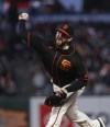 San Francisco Giants relief pitcher Dominic Leone throws against the Colorado Rockies during the sixth inning of a baseball game in San Francisco, Saturday, Aug. 14, 2021. (AP Photo/Jim Gensheimer)
