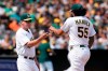 Oakland Athletics starting pitcher Sean Manaea (55) hands the ball to manager Bob Melvin as he is taken out for a relief pitcher during the fifth inning of the team's baseball game against the San Francisco Giants in Oakland, Calif., Saturday, Aug. 21, 2021. (AP Photo/Jeff Chiu)